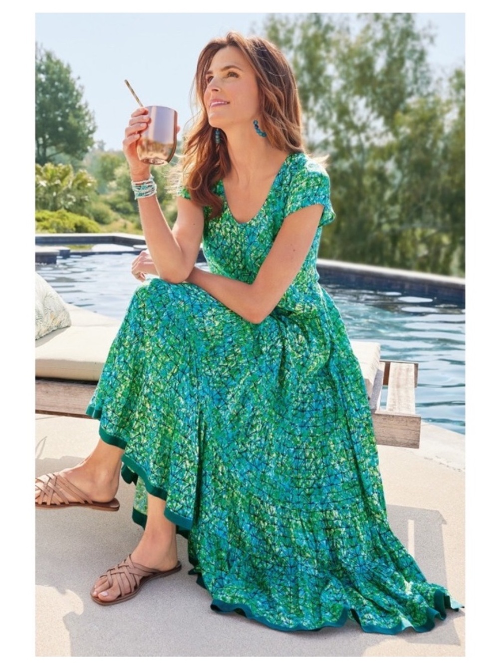 Soft Surroundings Mariana Dress XL Green Blue Mosaic Tiered Rayon Maxi - Picture 2 of 11